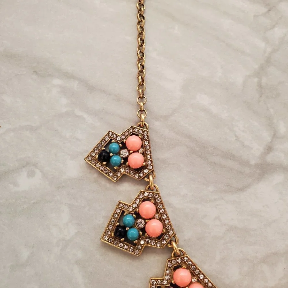 ✨ J.Crew Pave Rhinestone Crystal Blue Gold Coral Bohemian Necklace ✨